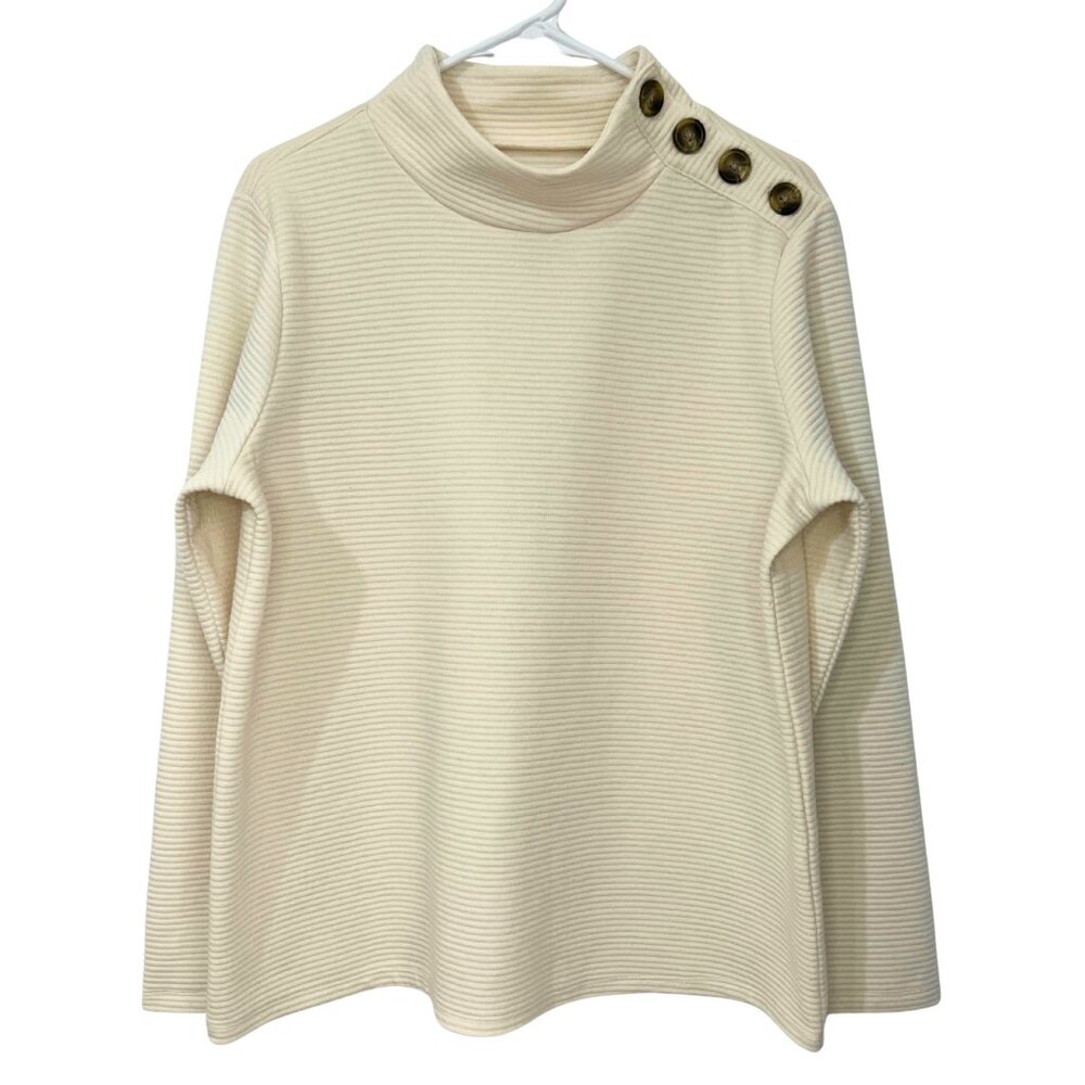 St John's Bay Women's Coastal Grandma Cream Button Shoulder Knit Sweater Size L